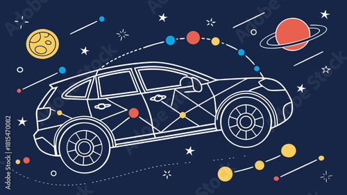Abstract image of car in starry space theme, featuring planets and stars, creating whimsical atmosphere