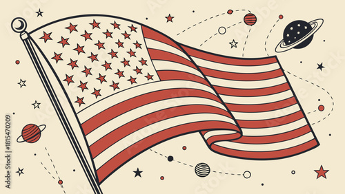 Abstract image of flag with stars and stripes, surrounded by planets and stars, evokes sense of wonder and patriotism