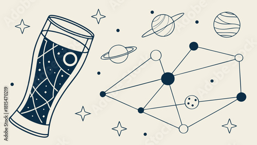 Whimsical illustration featuring glass of beer alongside cosmic scene with planets and stars, evoking sense of fun