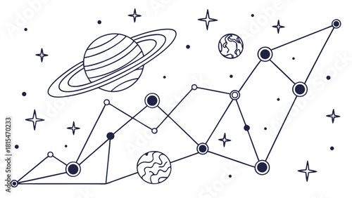 Abstract image of growth chart form of cosmic scene featuring planets, stars, and connecting lines, evoking sense