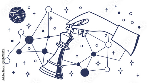 Hand gracefully holds chess king piece against cosmic background, symbolizing strategy and universe vastness