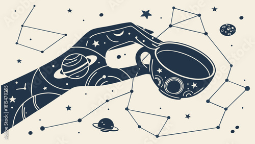 Creative illustration of hand holding coffee cup, surrounded by celestial elements like planets and constellations
