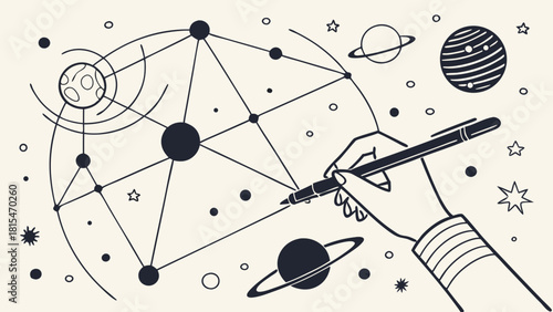 Hand drawing cosmic scene with planets, stars, and geometric shapes, evoking creativity and imagination