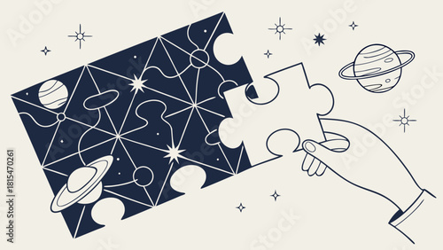 Hand holds puzzle piece against cosmic background featuring planets and stars, symbolizing creativity and exploration