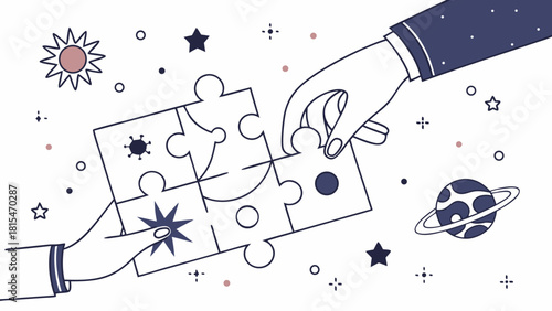 Hands collect puzzle pieces in cosmic theme, showcasing collaboration and creativity in whimsical design