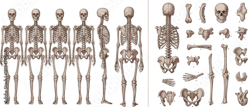 Human skeleton anatomy illustration, front side back view, labeled bones, medical reference, educational chart, cad drawing flat vector content