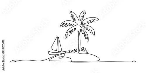 Continuous one line drawing of tropical island with sailboat isolated on transparent background, isolated on white background, Vector, illustration