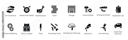 automobile parts and repair car services solid icons 