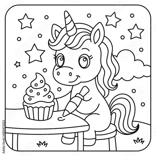 Cute Unicorn Decorating a Cupcake – Kids Coloring Page Line Art Illustration