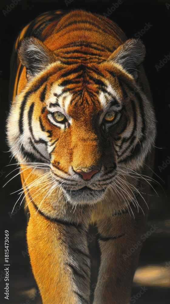 Fototapeta premium Close-Up Portrait of a Bengal Tiger Walking Forward in Dramatic Lighting