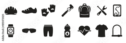 bike and cycling accessories icons black on a white background