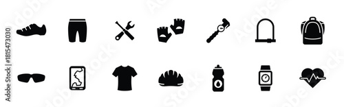 bike and cycling accessories icons white on a black background
