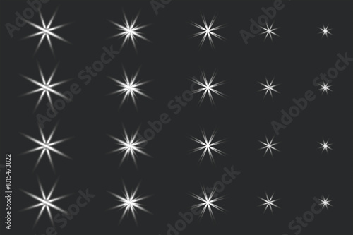 Abstract radial light bursts arranged systematically for visual comparison and intensity analysis