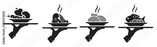 black icons of human hand with a tray on a white background 
