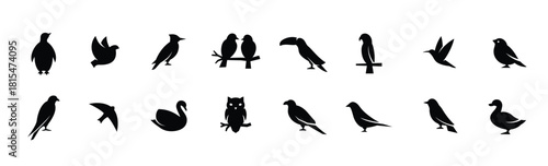 birds icon set white on a black background