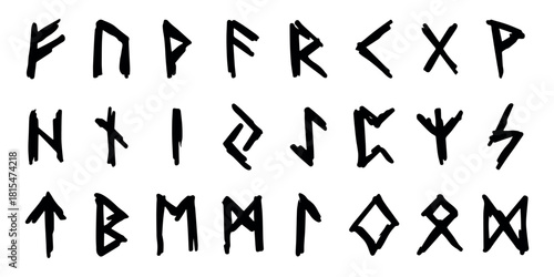 Set of hand drawn viking runes Ancient scandinavian futhark germanic celtic alphabet clipart in doodle style Single element for print, web, design, decor
