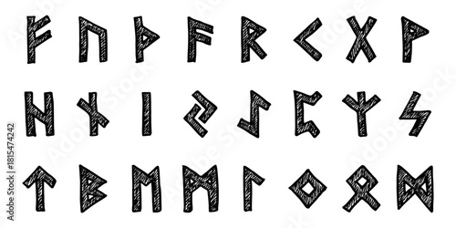Set of hand drawn viking runes Ancient scandinavian futhark germanic celtic alphabet clipart in doodle style Single element for print, web, design, decor