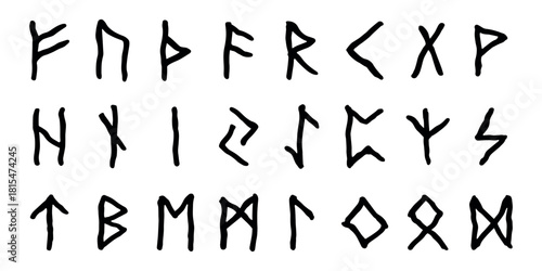Set of hand drawn viking runes Ancient scandinavian futhark germanic celtic alphabet clipart in doodle style Single element for print, web, design, decor