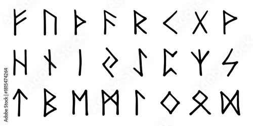 Set of hand drawn viking runes Ancient scandinavian futhark germanic celtic alphabet clipart in doodle style Single element for print, web, design, decor