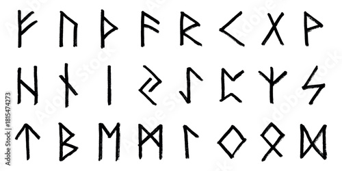 Set of hand drawn viking runes Ancient scandinavian futhark germanic celtic alphabet clipart in doodle style Single element for print, web, design, decor