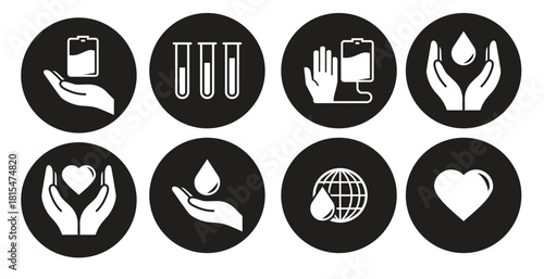 blood donation icons set white on a black background 