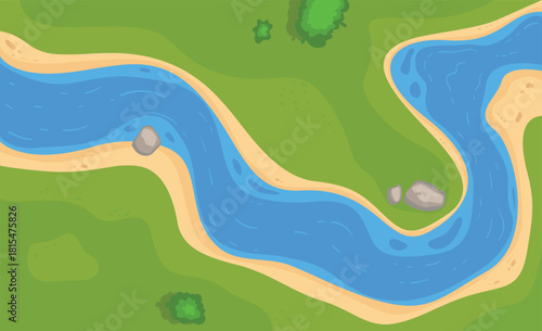 Blue water river top view. blue water, coastline with rocks, trees, green grass