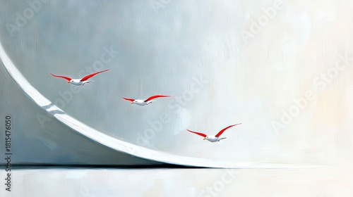 Three birds with striking red wingtips soar through a serene, abstract environment, evoking a sense of freedom and lightness.