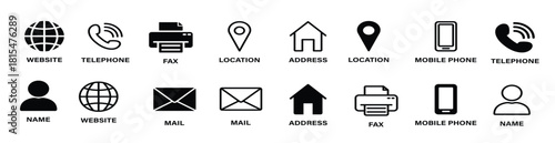 Business Card with Symbols of Social Communication. Email, Handset and Cell Phone, Address, Location, Globe, Fax Line and Silhouette Icons. Online Contact Concept. Isolated Vector Illustration.