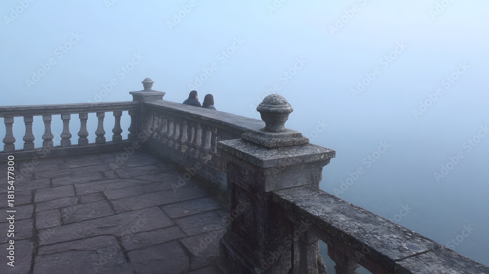 Obraz premium A stone balcony overlooks a foggy landscape with faint figures in the distance