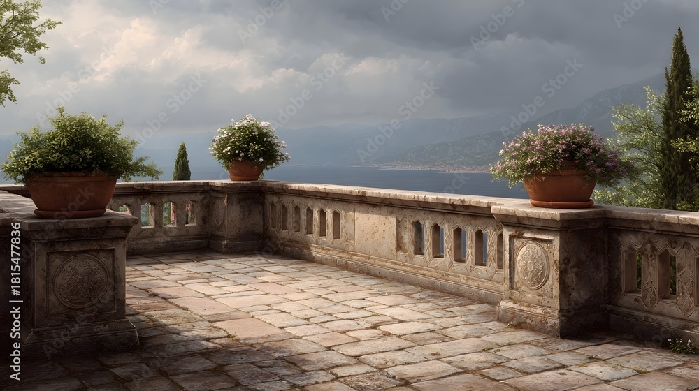 Obraz premium Sunlit stone terrace overlooks a tranquil sea under dramatic clouds