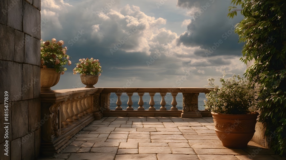 Obraz premium Stone terrace with ornate balustrade potted flowers and a dramatic stormy sky over the sea