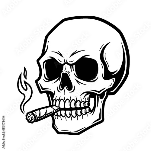 Vintage Cartoonish Old-School Skull Smoking Cigar Tattoo Stencil, Strong Black Outlines