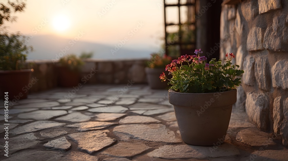 Obraz premium Potted geraniums on a stone terrace during a warm sunset with distant hills