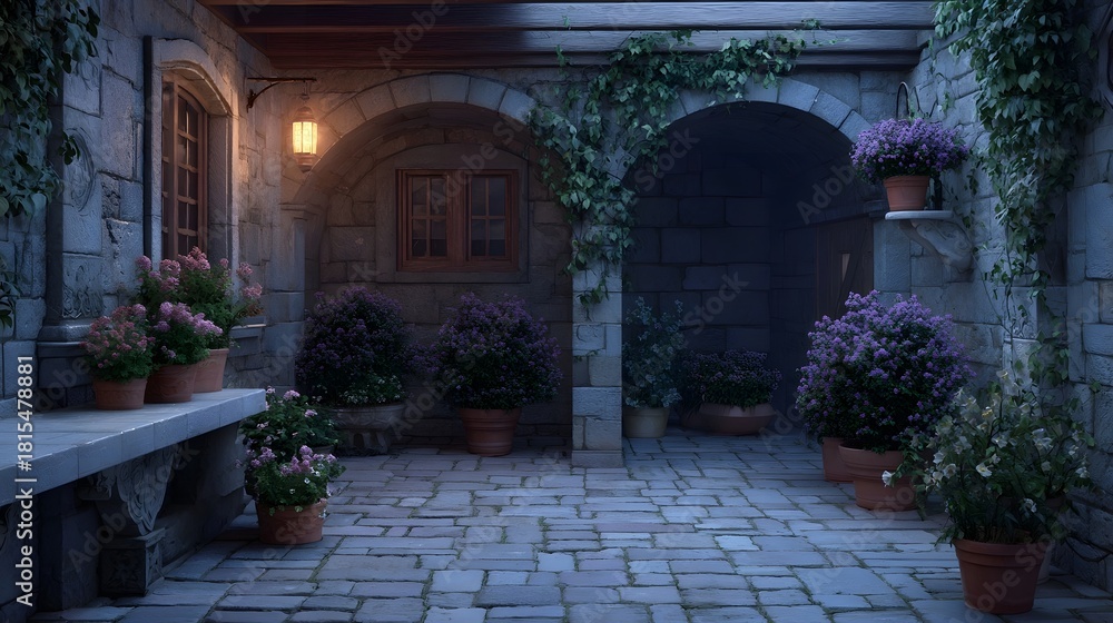 Fototapeta premium Enchanting stone courtyard at dusk with vibrant potted flowers and a softly glowing lantern creating a tranquil atmosphere