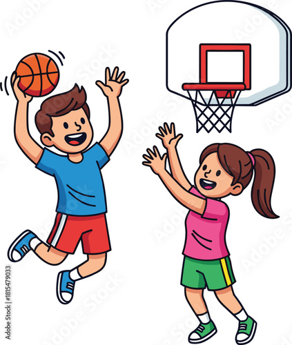 Smiling happy kids boy and girl playing basketball, shooting and defending the ball during a fun, active, energetic game