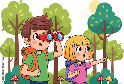Surprised children explorers boy and girl with backpacks looking through binoculars and pointing while hiking in the forest