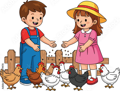 Smiling happy children boy and girl feeding the chickens over a fence, learning farm chores and enjoying rural outdoor life