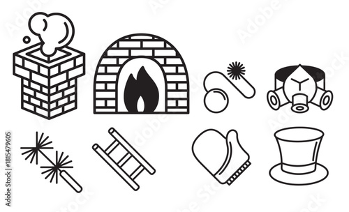 chimney and heating coal icons set