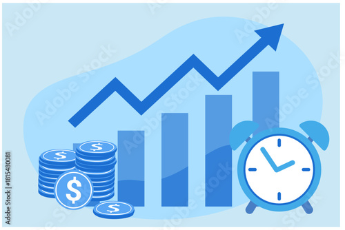 Rising up graph with money and alarm clock. Financial growth, profit, income ,stock market rise, investment opportunity