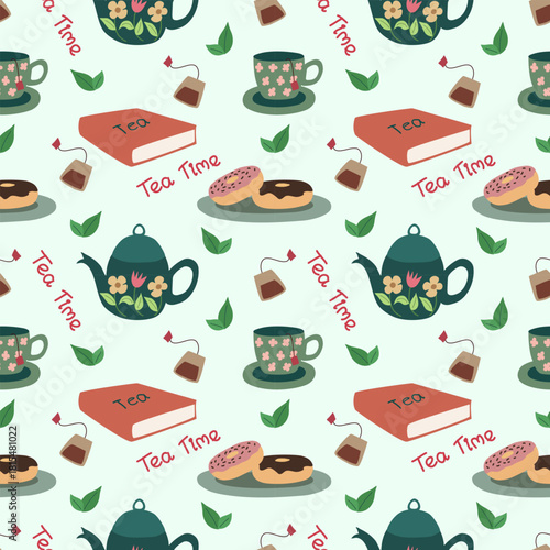 seamless food pattern design. Tea, snack, and book pattern design. Surface food pattern vector. Kids fabric pattern, textile, textile pattern, background, wallpaper, wrapping paper.