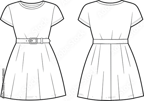 Kid's girl short sleeve dress technical flat sketch, featuring belted waist with buckle, flared skirt, round neck, front and back view, isolated vector illustration template.