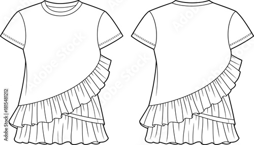 Kid's girl short sleeve top technical flat sketch, featuring asymmetric diagonal tiered ruffles, round neck, front and back view, isolated vector illustration fashion design template.