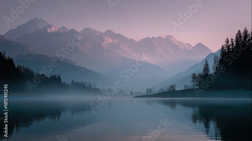 Serene misty mountains sunrise landscape