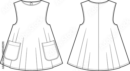 Kid's girl sleeveless A-line dress technical flat sketch, featuring large patch pockets, round neck, pleated skirt, front and back view, isolated vector illustration template.