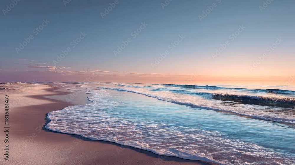 Naklejka premium calm beach sunrise, ocean waves sand texture, golden hour