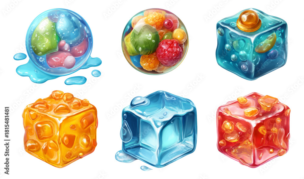 Fototapeta premium Colorful Neon Bubble Ice Cubes and Bubbles on Transparent Background