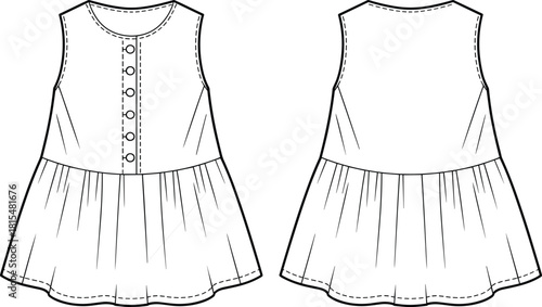 Kid's girl sleeveless peplum top technical flat sketch, featuring button front placket, gathered empire waist, round neck, front and back view, isolated vector illustration fashion template.