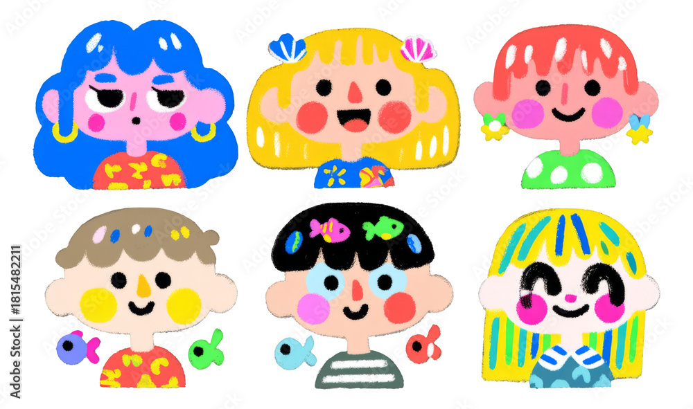 Fototapeta premium Colorful Cartoon Characters with Playful Expressions and Unique Hairstyles
