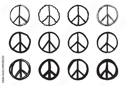 Set of hand drawn peace sign No war symbol Hippie clipart in doodle style Single element for print, web, design, decor