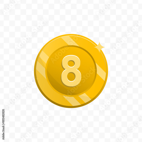 Cartoon Style Number Eight Golden Coin Flat Design Illustration